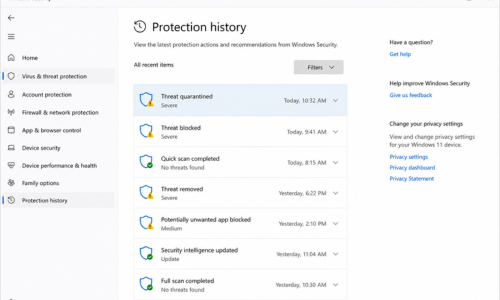 Protection history screen