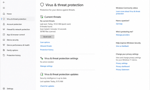 Virus and threat protection screen